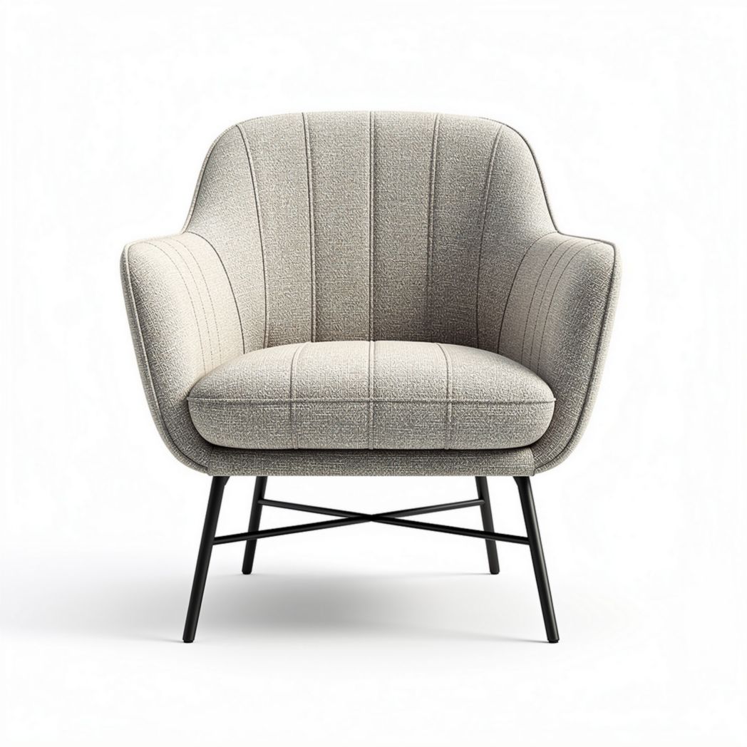 Modern armchair in textured fabric with black metal legs for living room use