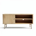 Natural wood TV stand with storage and open shelves 90 x 40 x 45cm