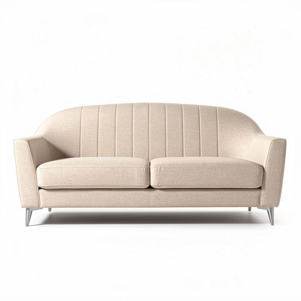Beige fabric mid-century modern two-seater sofa with stainless steel legs