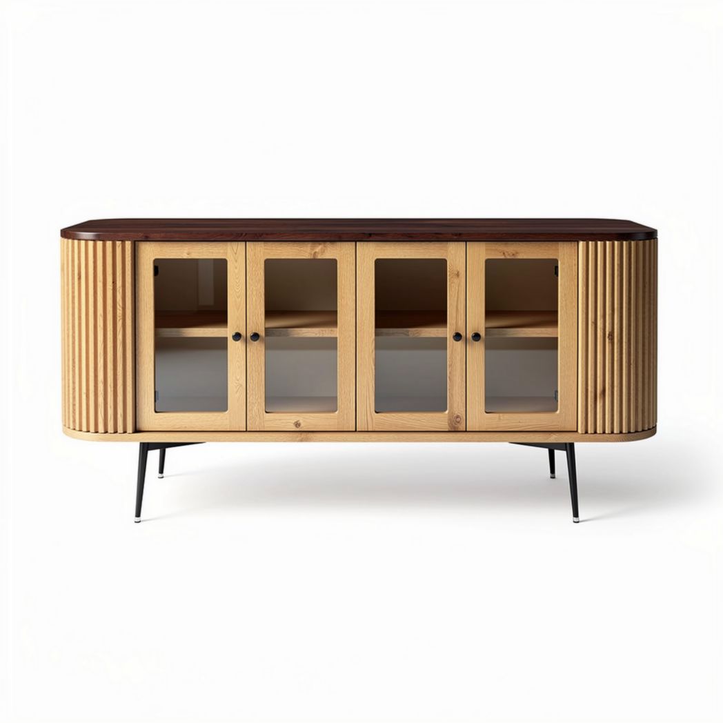 Wooden sideboard with glass doors and ribbed design 150 x 40 x 70cm
