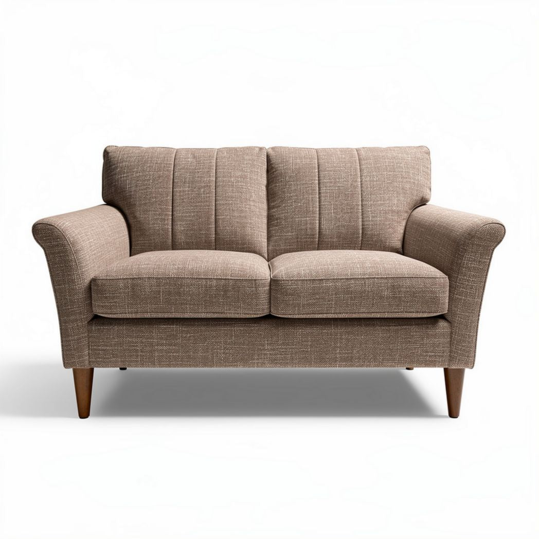 Two-seater loveseat sofa in beige fabric with wooden legs 150 x 80 x 85cm