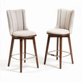 Bar stool set with soft fabric upholstery and metal legs in beige color