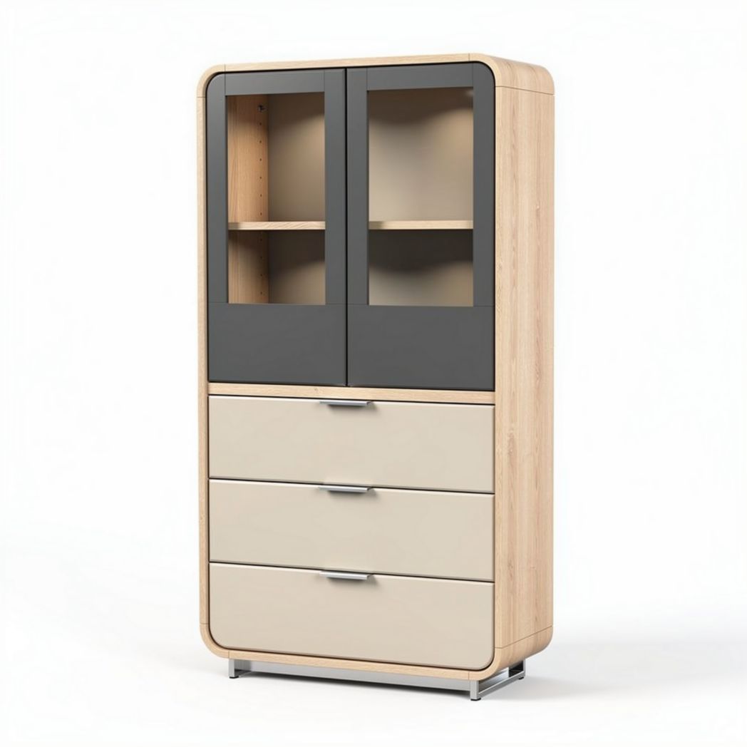 Wooden storage cabinet with glass doors and four drawers 80 x 40 x 150cm