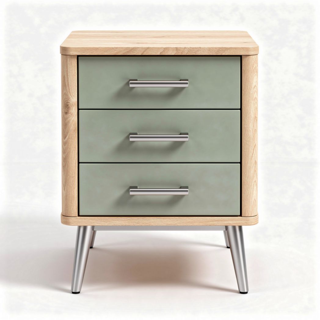 Wooden nightstand with three drawers in green and natural finish 40 x 40 x 60cm