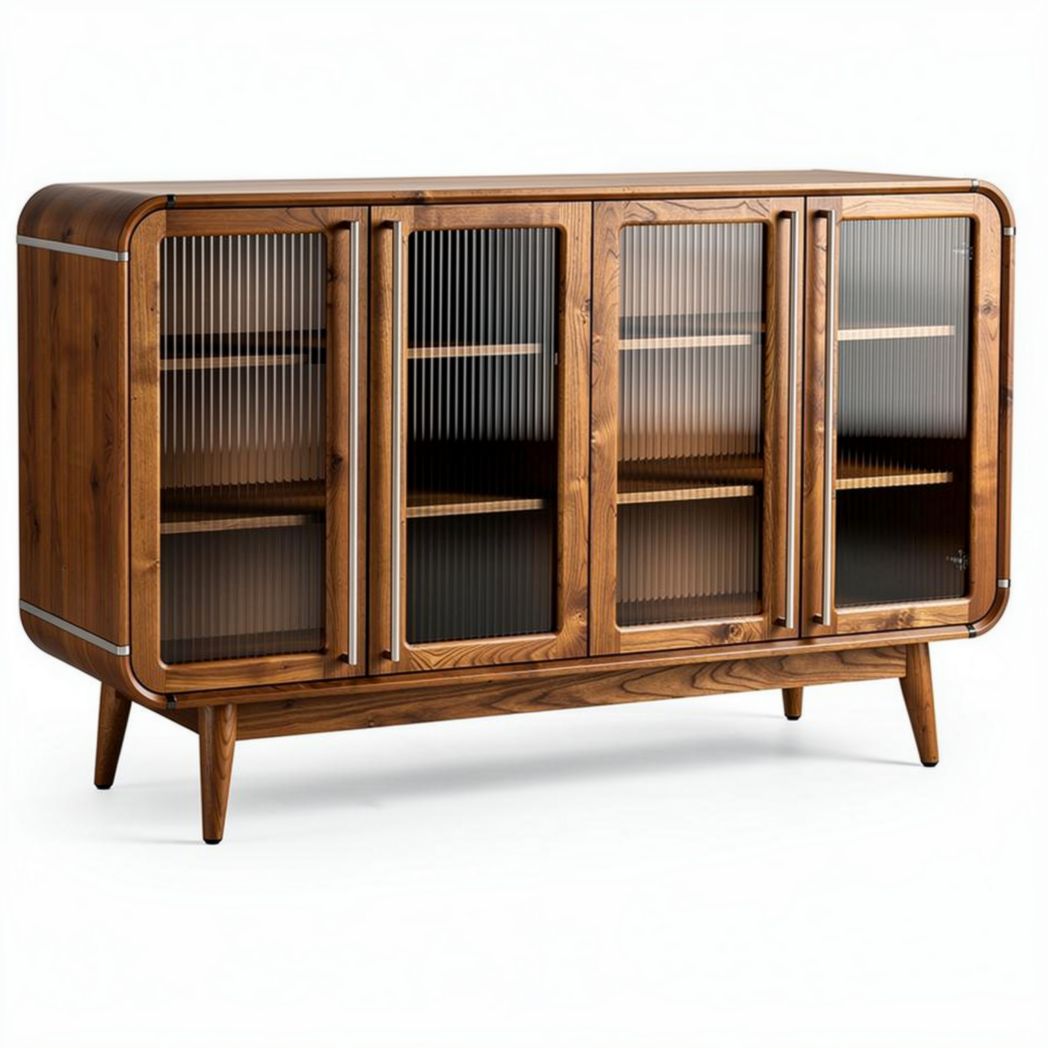 Wooden sideboard with glass doors and shelves for living room storage 150 x 40 x 80cm