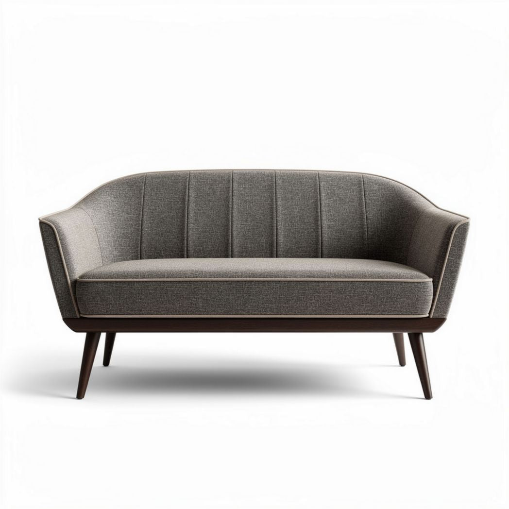 Two-seater modern sofa with upholstered gray fabric and wooden legs 150 x 70 x 80cm